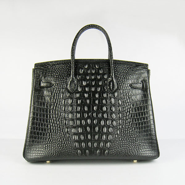 High Quality Fake Hermes Birkin 35CM Crocodile Head Veins Leather Bag Black 6089